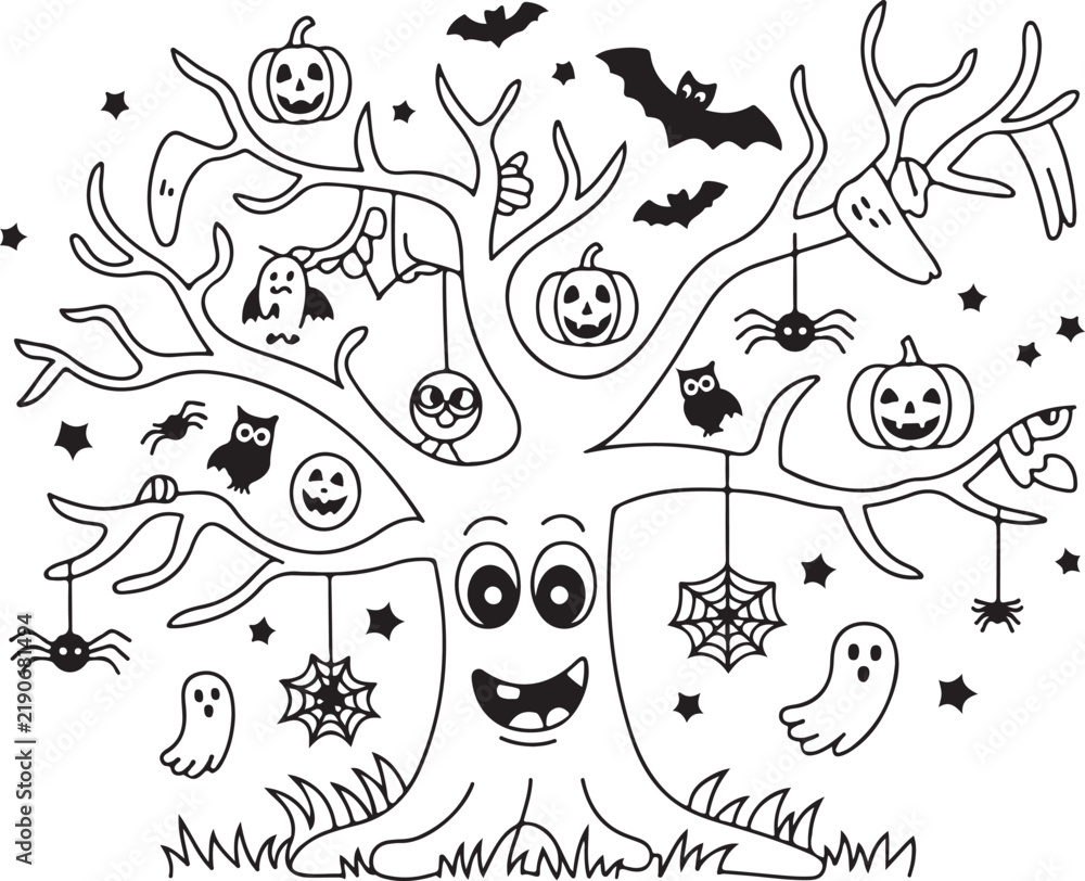 Obraz premium Halloween tree vector illustration with cute smiling face, hanging bats, spider webs, pumpkins, and owls for a coloring book page.