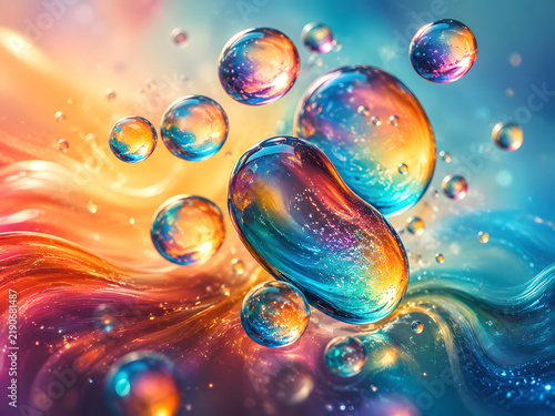Vibrant abstract composition with floating glossy liquid bubbles above flowing colorful waves in blue, turquoise, orange, pink and purple, creating a luminous fluid background.