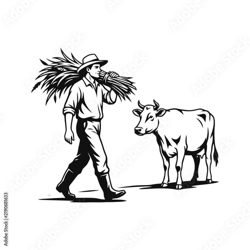 Black and White Vector Illustration of a Farmer Carrying Harvested Wheat and Walking Alongside a Domestic Cow in a Rural Farm Setting