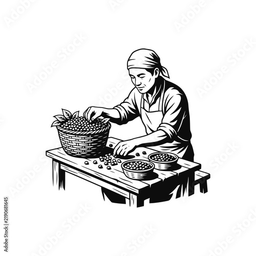 Black and white illustration of a farmer sorting coffee beans at a wooden table