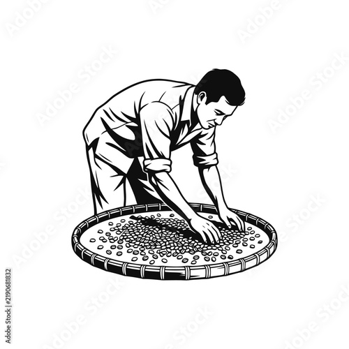 Black and white line art vector illustration of a man sorting and processing coffee beans in a traditional basket