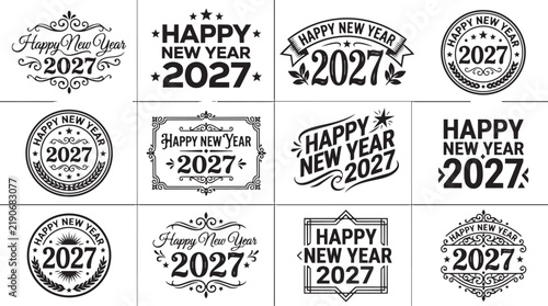 Happy New Year 2027 Stylish Retro Greeting Emblems