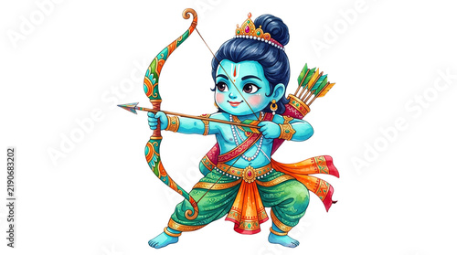 Cute cartoon lord rama with bow and arrow isolated on transparent background