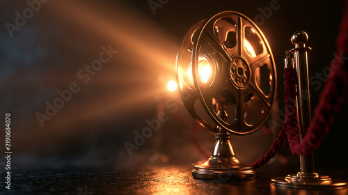 Vintage Film Reel and Red Carpet Stanchion with Spotlight