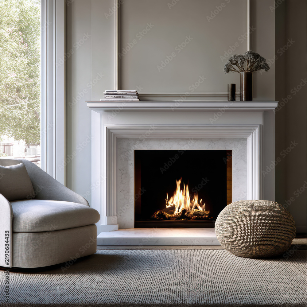 Obraz premium White fireplace modern living room cozy armchair round pouf burning fire large window neutral decor daylight