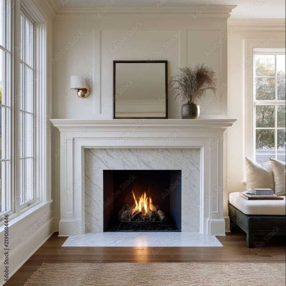 Obraz premium White fireplace marble surround modern living room cozy fire large window natural light elegant decor neutral color palette