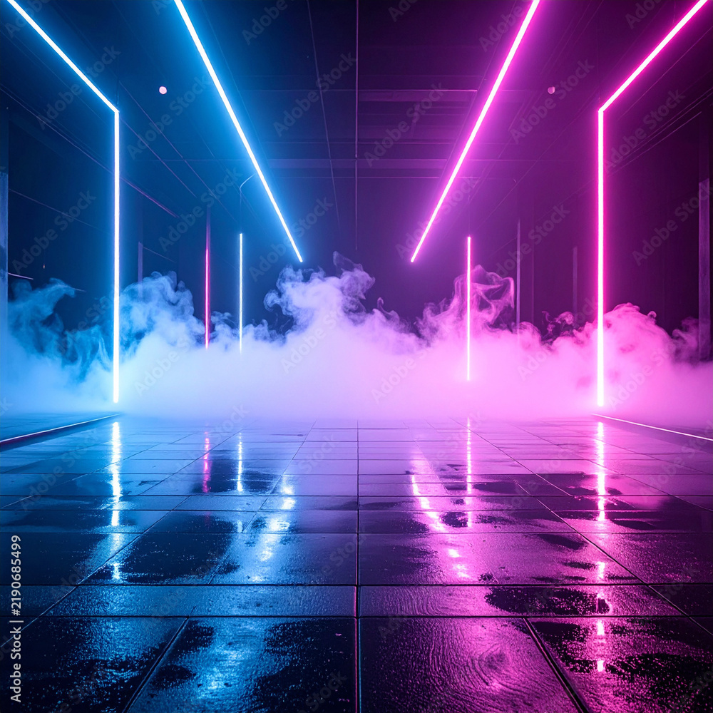 Obraz premium A futuristic dark stage featuring neon blue and pink lights reflecting on a glossy wet floor, filled with swirling cinematic fog. No people in this evocative, highenergy tech background space.