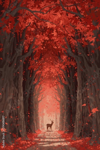 A lone deer standing at the end of a symmetrical alley of dark trees with lush bright red autumn foliage through which a mysterious light breaks through.