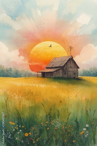 A lonely wooden barn in the middle of an endless field against the background of a picturesque sunset with a huge sun and lush clouds.