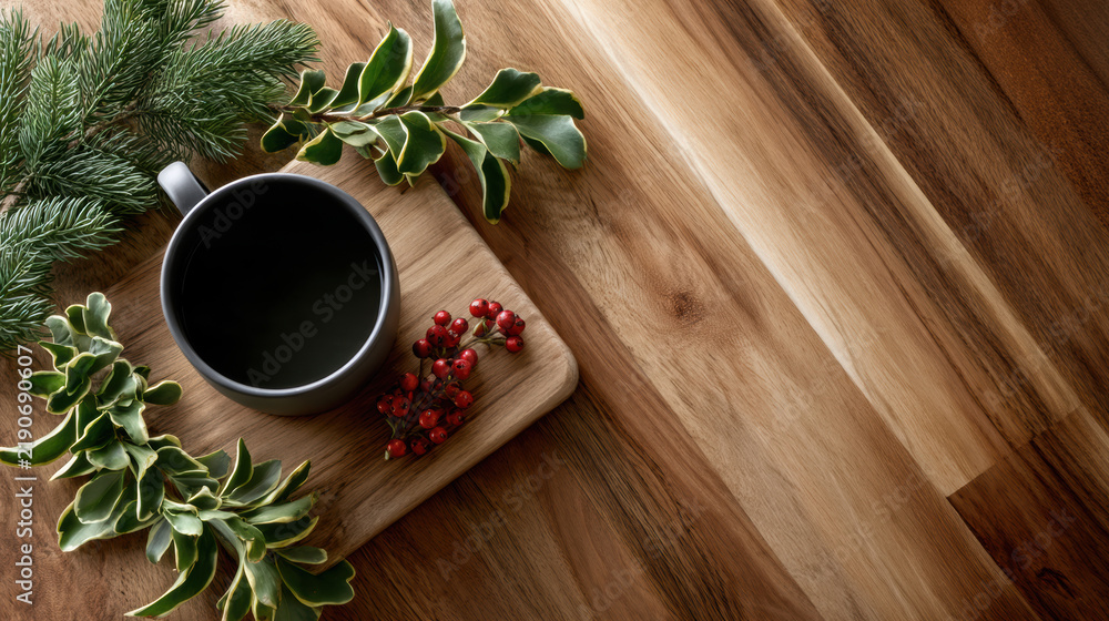 Obraz premium Wooden table ceramic mug cutting board evergreen branch holly red berry top view natural light rustic style cozy atmosphere