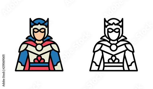 Fantasy superhero warrior character icon in blue red and beige armor flat style.