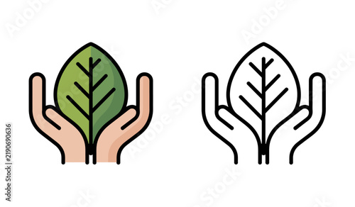Human hands holding green leaf symbol representing environmental protection care.