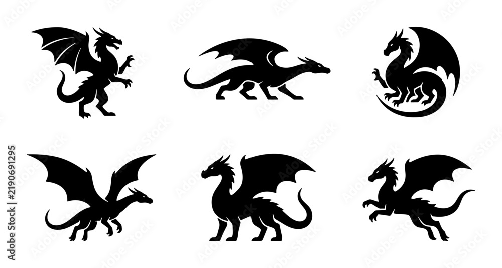 Fototapeta premium Dragon Silhouettes, Mythical Creatures Vector Icons, Fantasy Beasts Set, Tribal Tattoo Designs