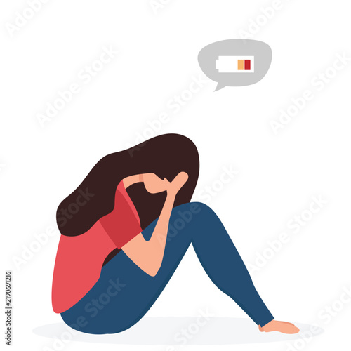 Tired woman sitting with a low battery in her thoughts. Emotional burnout, mental disorder, mental health issues, exhausted, stress, crisis, burnout syndrome, problems at work concept. vector  illustr