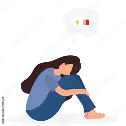 Tired woman sitting with a low battery in her thoughts. Emotional burnout, mental disorder, mental health issues, exhausted, stress, crisis, burnout syndrome, problems at work concept. vector  illustr