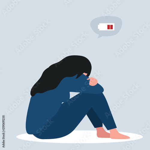 Tired woman sitting with a low battery in her thoughts. Emotional burnout, mental disorder, mental health issues, exhausted, stress, crisis, burnout syndrome, problems at work concept. vector  illustr