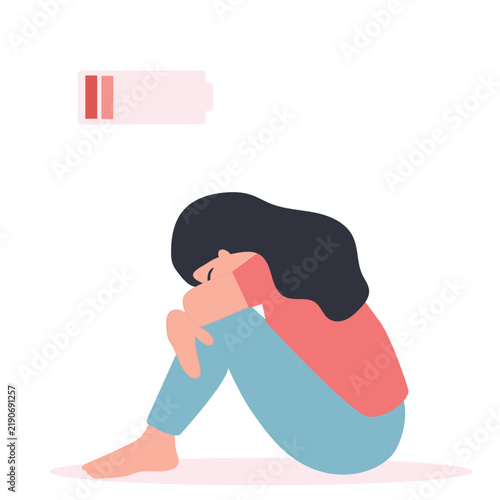Tired woman sitting with a low battery in her thoughts. Emotional burnout, mental disorder, mental health issues, exhausted, stress, crisis, burnout syndrome, problems at work concept. vector  illustr