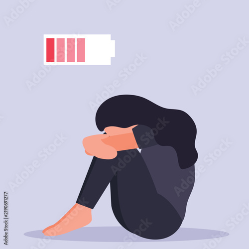 Tired woman sitting with a low battery in her thoughts. Emotional burnout, mental disorder, mental health issues, exhausted, stress, crisis, burnout syndrome, problems at work concept. vector  illustr