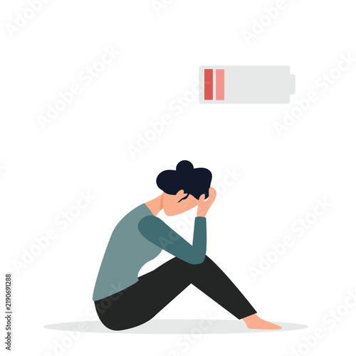 Tired woman sitting with a low battery in her thoughts. Emotional burnout, mental disorder, mental health issues, exhausted, stress, crisis, burnout syndrome, problems at work concept. vector  illustr