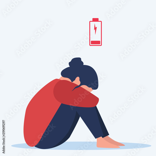 Tired woman sitting with a low battery in her thoughts. Emotional burnout, mental disorder, mental health issues, exhausted, stress, crisis, burnout syndrome, problems at work concept. vector  illustr
