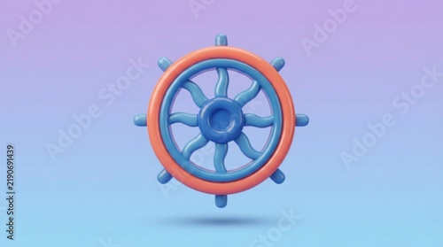 3D render of ship steering wheel with blue center and orange spokes on gradient background