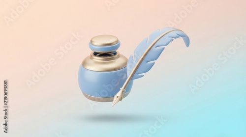 3D render of a blue inkwell with a matching feather quill pen on a soft gradient background