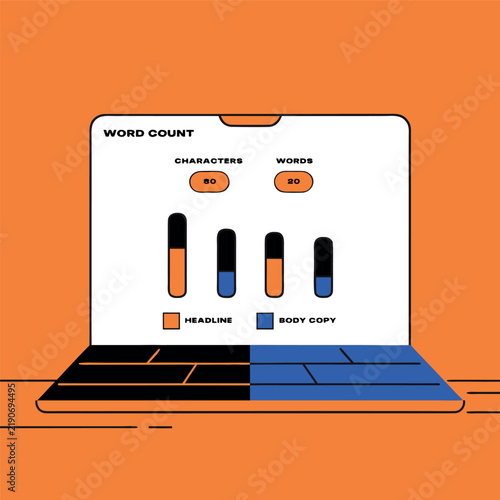 Create a clean flat vector illustration of a modern yellow laptop displaying a word-count and writing productivity dashboard, with word statistics, completion percentage, weekly bar chart, and daily w
