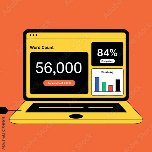 Create a clean flat vector illustration of a modern yellow laptop displaying a word-count and writing productivity dashboard, with word statistics, completion percentage, weekly bar chart, and daily w