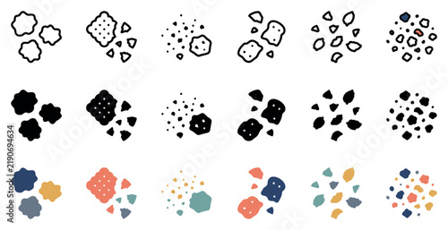 Crumb and broken cookie vector illustration set featuring scattered biscuit pieces in outline silhouette and flat color styles