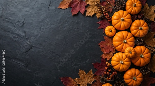 Small orange pumpkins and autumn leaves on a dark wooden background