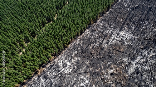 Fotografie Aerial Contrast of Lush Green Pine Forest and Charred Burned Land After Wildfire