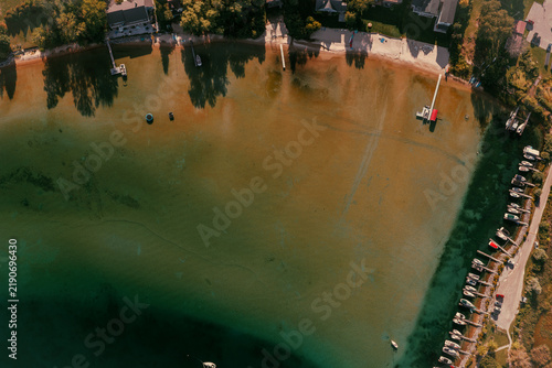shoreline of a bay from a drone
