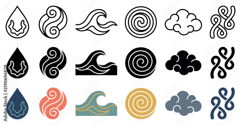 Fototapeta premium Abstract nature elements icons including water drop wave spiral cloud and wind symbols in outline solid and color styles