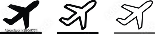 Set of three airplane takeoff icons, solid and outline styles, representing departure, travel, and aviation concepts