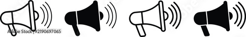 Set of megaphone icons in outline and solid styles, representing announcement, promotion, marketing, communication, and public speaking