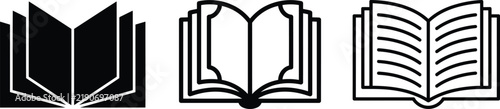 Set of open book icons, simple vector illustrations of reading, education, literature, library, and knowledge symbols in black and white style
