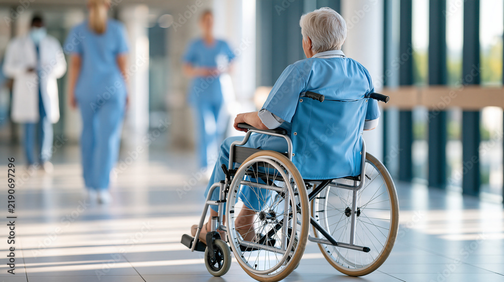 Obraz premium Elderly patient in a wheelchair moving through a hospital corridor surrounded by softly defocused medical staff, senior healthcare, accessibility, patient support, clinical