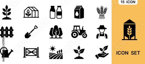 Set of 15 farming and agriculture icons featuring plants, tractor, milk, tools, and rural landscape elements for agricultural design projects