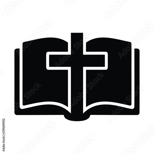 Foto Open bible book with christian cross symbol black flat icon for religious study worship