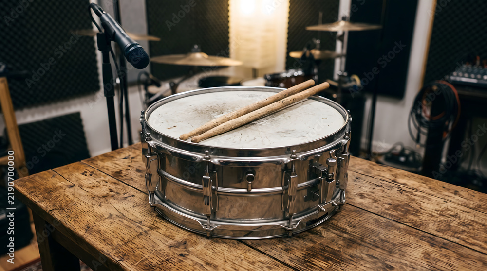 Fototapeta premium Snare drum with drumsticks on wooden table in recording studio
