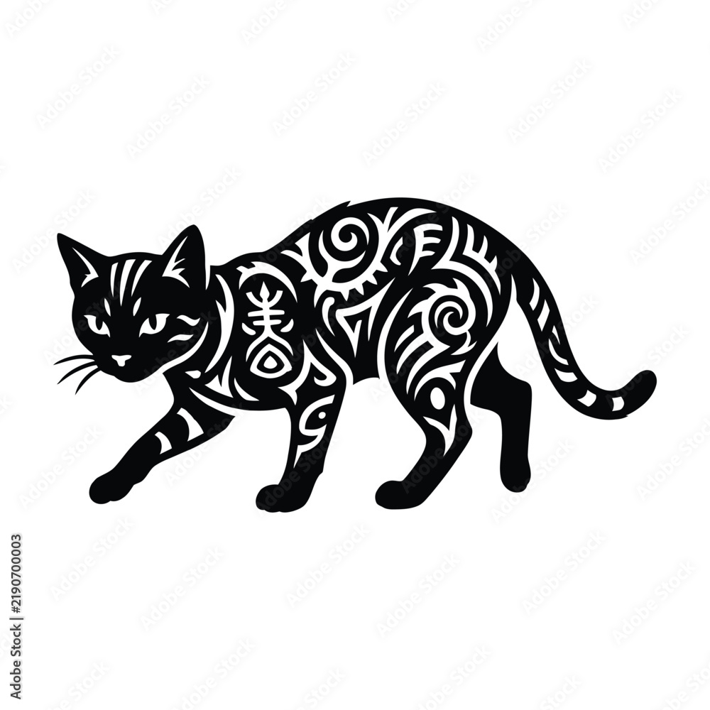 Fototapeta premium Stylized decorative cat silhouette with intricate tribal patterns isolated on a plain white background