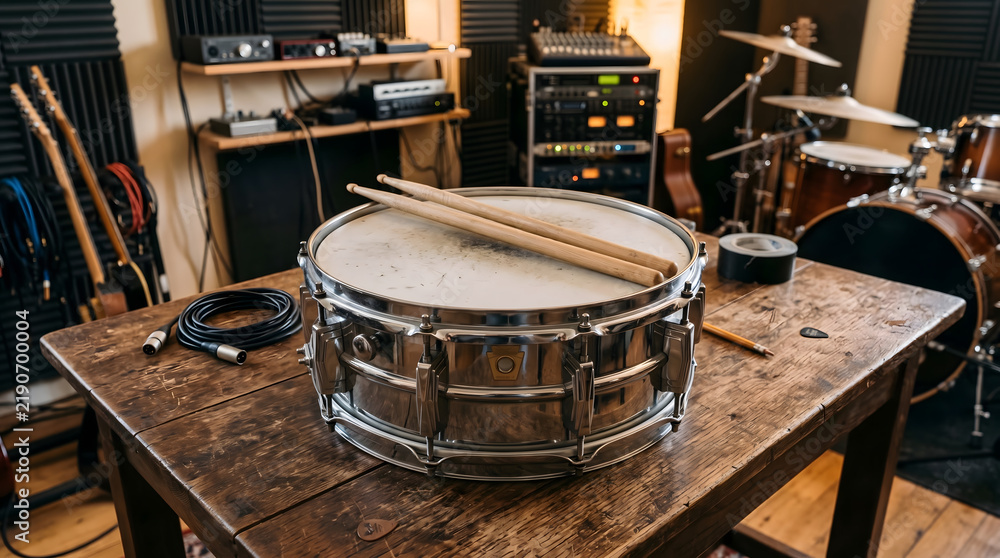 Fototapeta premium Snare drum with drumsticks on rustic wooden table in music recording studio