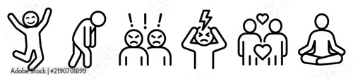 Human emotion and action icons featuring happy jumping person sad figure angry individuals stressed man loving couple and meditating character