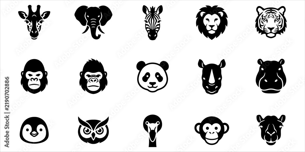 Obraz premium A collection of diverse animal faces presented in a minimalist black and white iconographic style