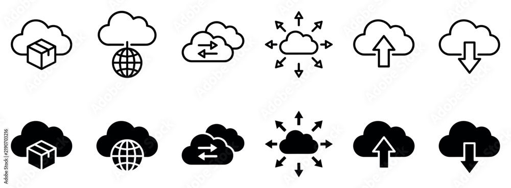 Obraz premium Cloud computing network data transfer icon set featuring upload download sync and global storage symbols for modern web design interfaces