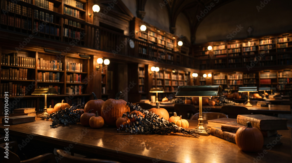 Fototapeta premium Vintage library interior with long wooden table decorated with pumpkins, open books, green banker lamps and dried autumn foliage.
