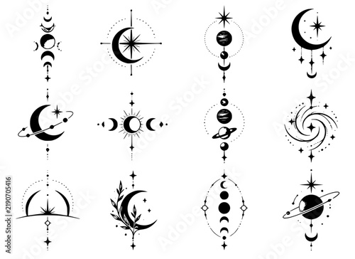 Celestial Moon Planet and Mystical Symbol Set
