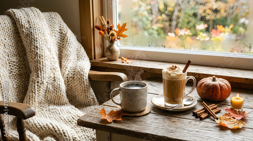 Cozy autumn drinks on wooden windowsill with pumpkin