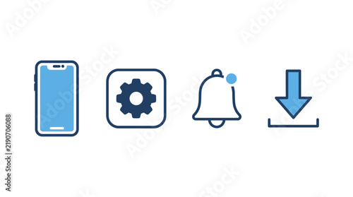 4 mobile phone, settings, bell and download blue line icons for app