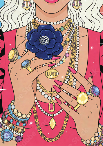 Glamorous female hands with gold rings and jewelry, bright fashion illustration